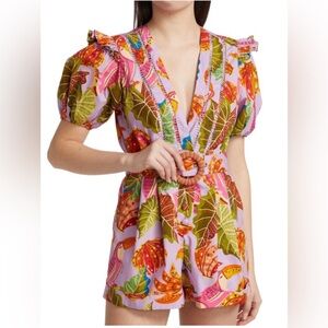 Like new! FARM Rio Beaks & Bananas Ruffle Belted Romper. Size M.